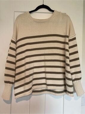 Madewell Cream and Olive Striped Crewneck Sweater EUC